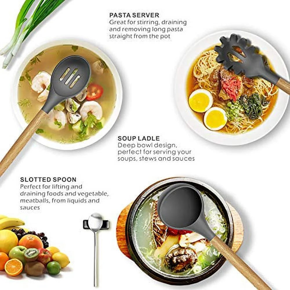 14 Pcs Silicone Cooking Utensils Set with Wooden Handles P690