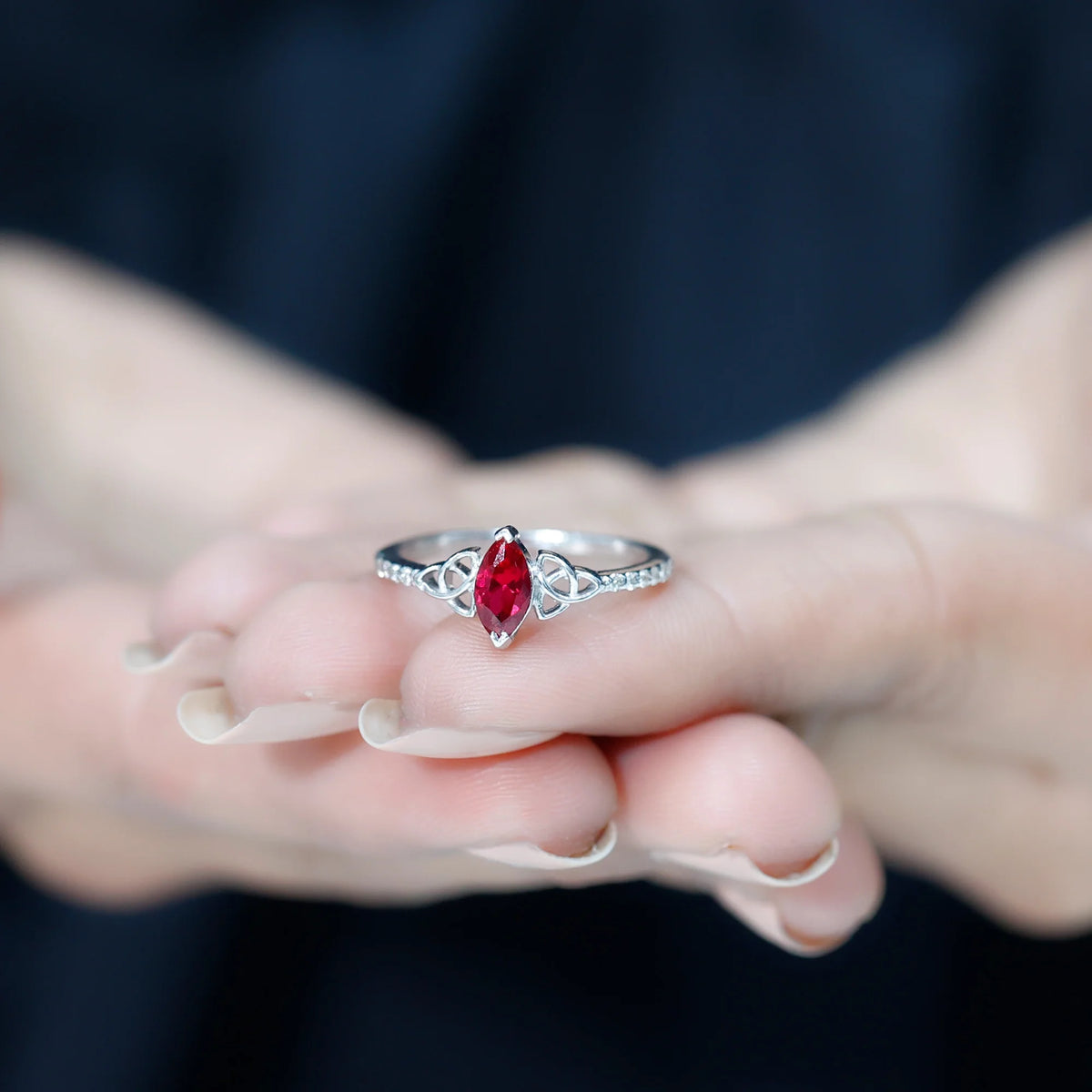 Marquise Shape Lab Grown Ruby Solitaire Ring with Diamond, 925 Sterling Silver, US 4.00 F692248