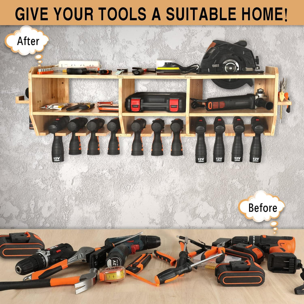 Large Power Tool Organizer, Drill Holder Storage Wall Mounted, 12 Tool Organizer Slots, Solid Wooden Drill Charging Station S203