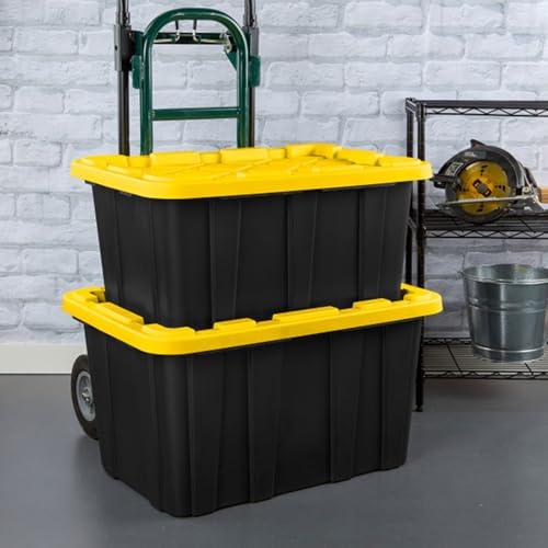 38 Gallon Black/Yellow Stackable Storage Tote with Lid, 8 Pack K913256