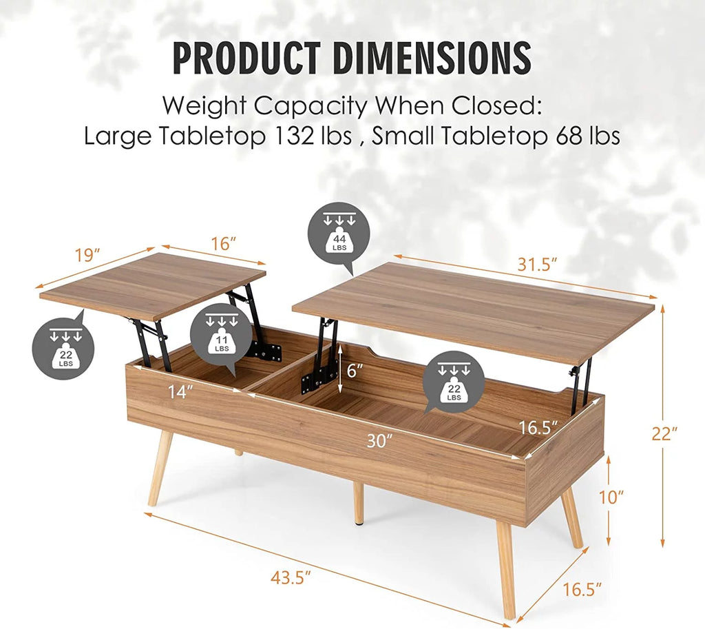 47 Inch Lift Top Coffee Table with Storage, Split Top, 2 Hidden Compartments & 5 Solid Wood Legs, Brown J22134
