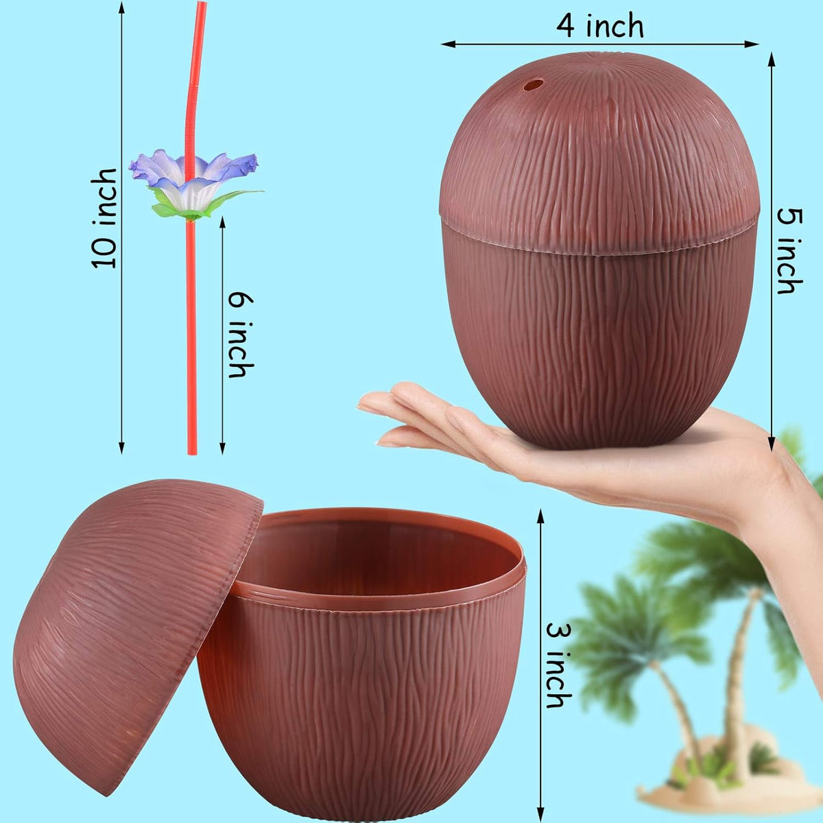 15 Pieces Coconut Cups with 15 Pieces Plastic Colorful Hibiscus Straws S5474