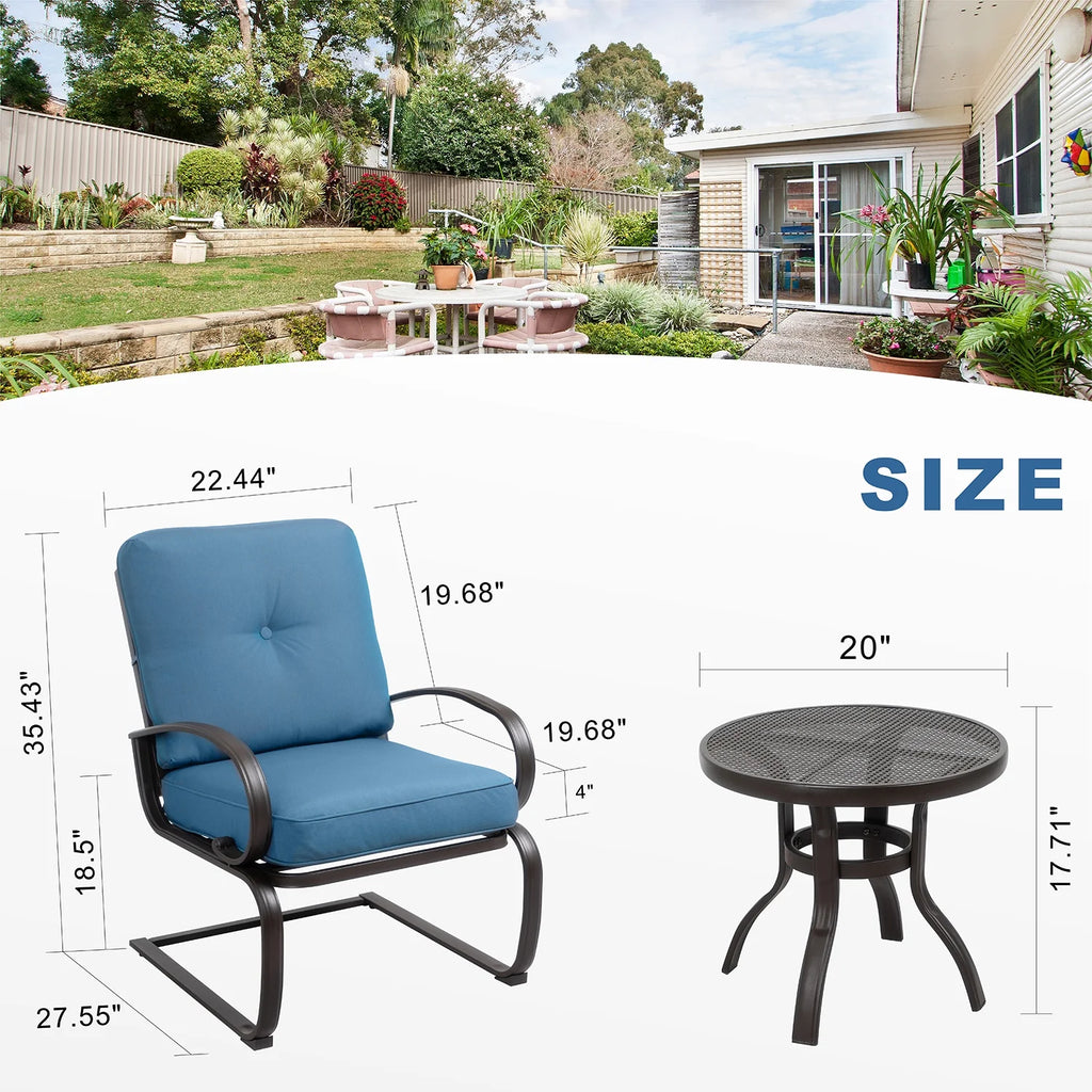 Blue 3-Piece Bistro Set with Cushions & Metal Frame O4978