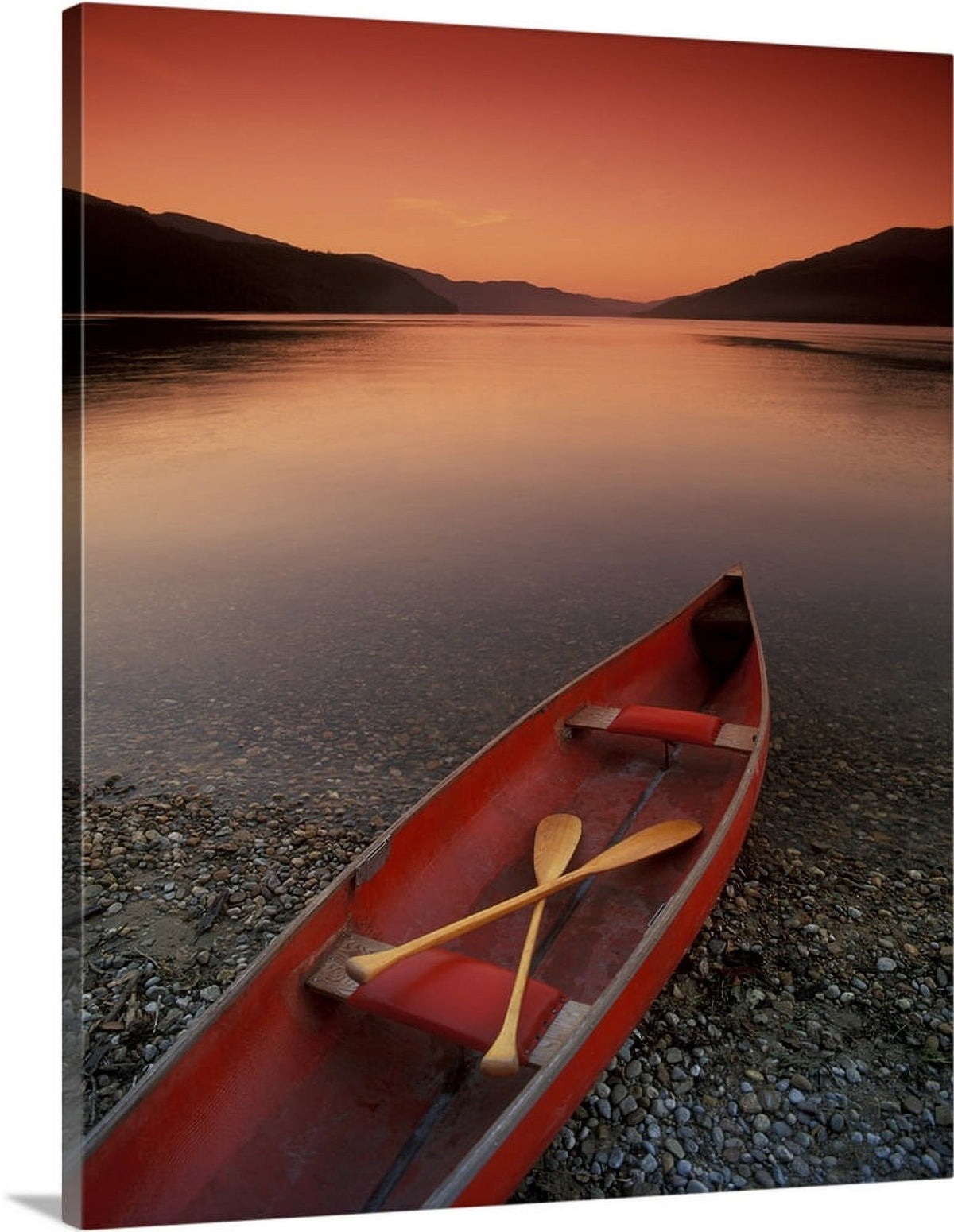 Canoe At Edge Of Mountain Lake Canvas Wall Art - 16x20 W359730