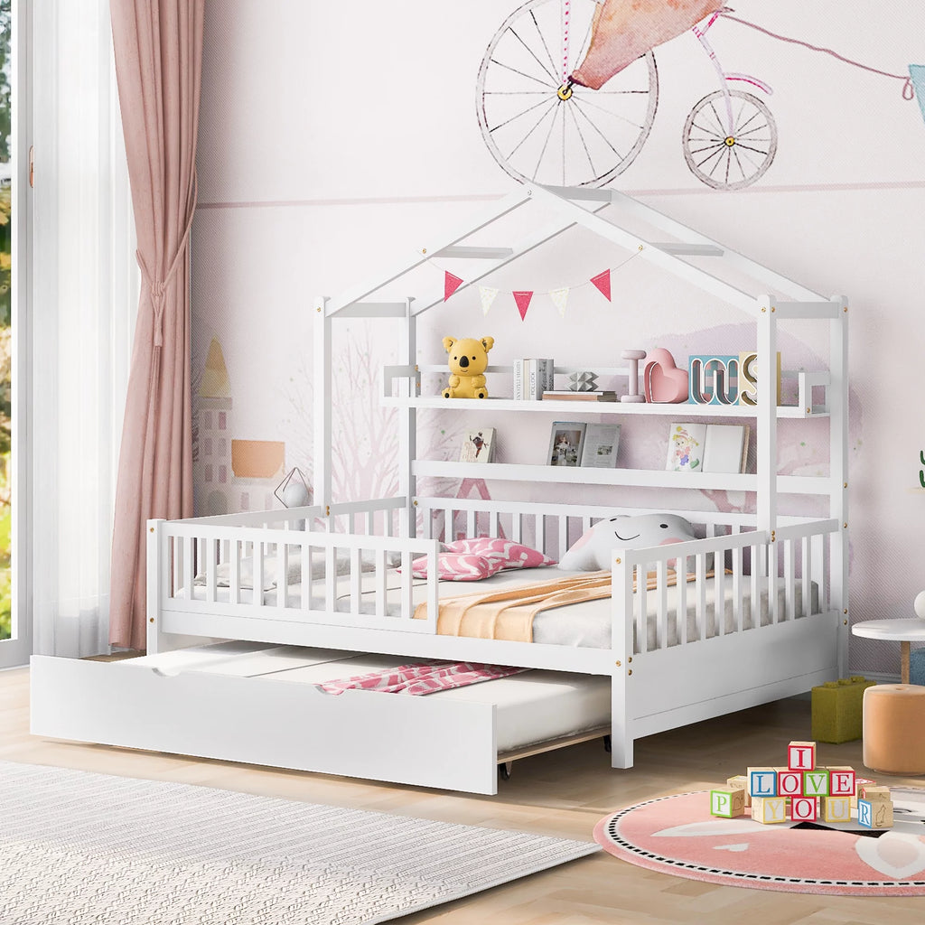 Gray Wood Twin House Bed with Trundle E26958