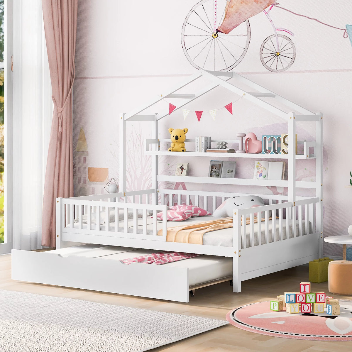 Gray Wood Twin House Bed with Trundle E26958