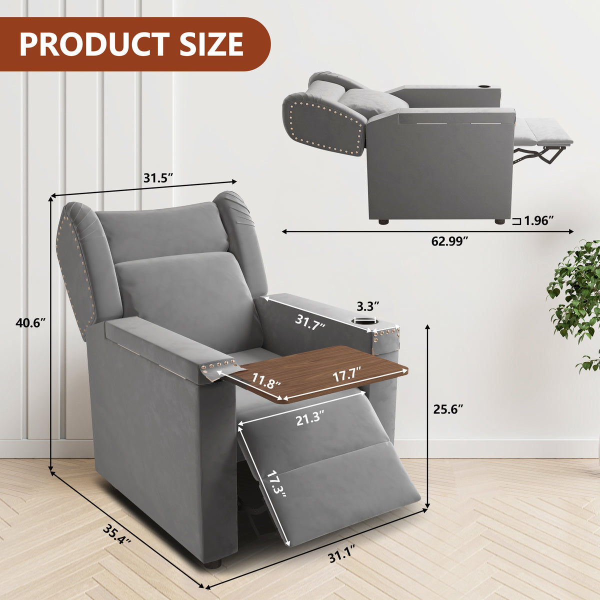 Gray Velvet Recliner Chair with Cup Holder and Table F6759