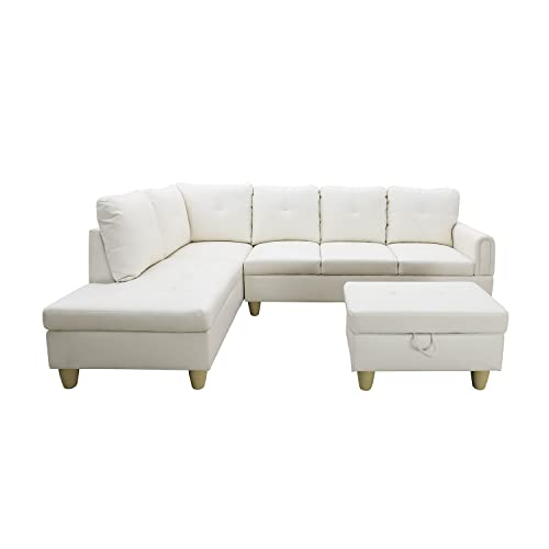 Red Linen L Shaped Sectional Couch with Chaise Ottoman G44774