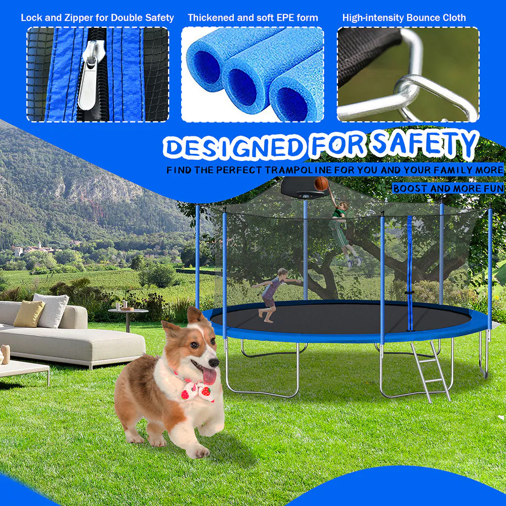 14FT Trampoline with Basketball Hoop, Safety Enclosure Net & Ladder, Blue C300