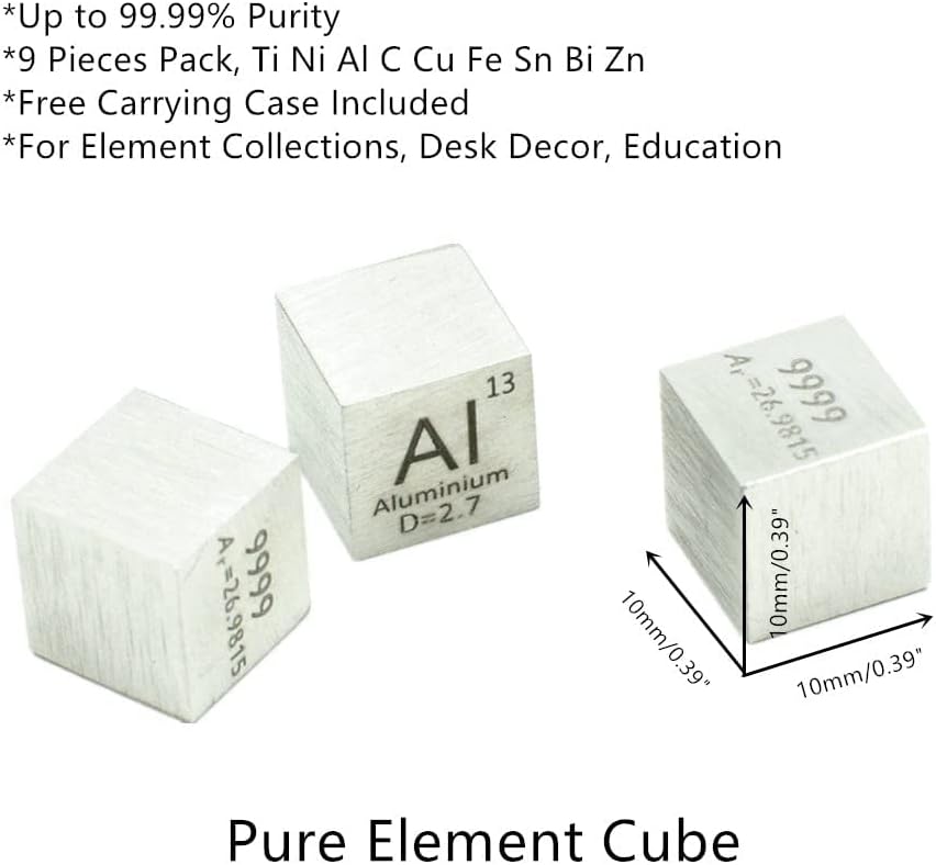9 PCS 10mm Density Cubes Pure Metal Cubes Titanium Bismuth Carbon Nickel Iron Copper Zinc Aluminium Tin N39478