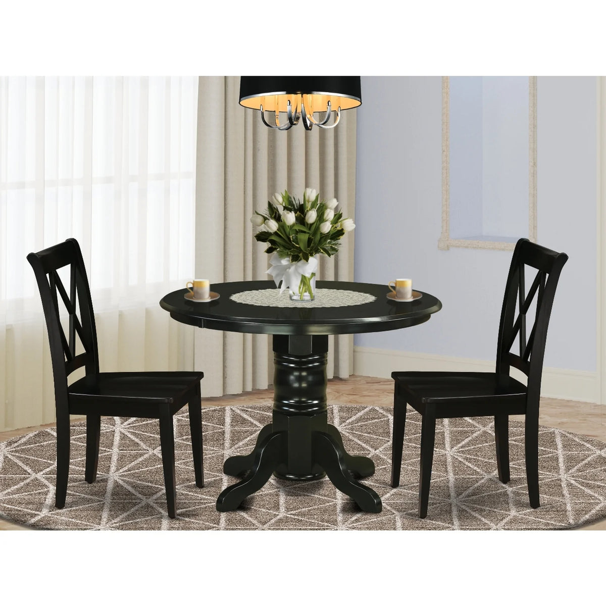 Round 42 Inch Table and 2 Wood Seat Chairs V582