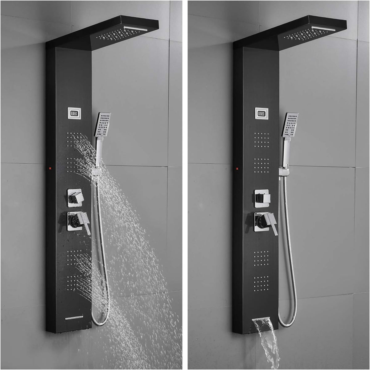 Stainless Steel Shower Panel Tower System with LED Rainfall Shower Head, Handheld Shower Head, 4 Body Jets, Tub Spout, Water Temperature Display N986