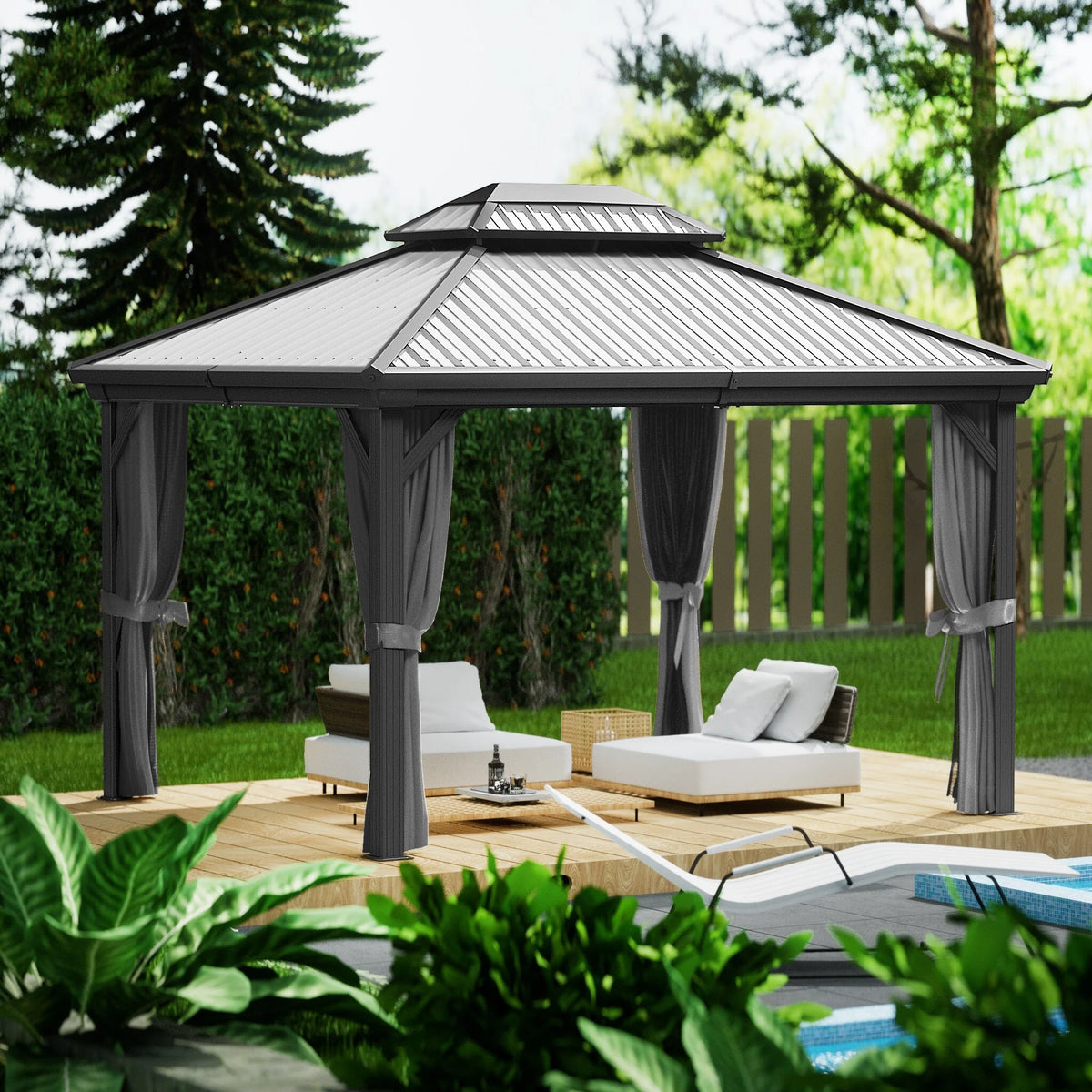 Grey Hardtop Gazebo with Steel Roof, Netting and Curtain 10' x 12' P439