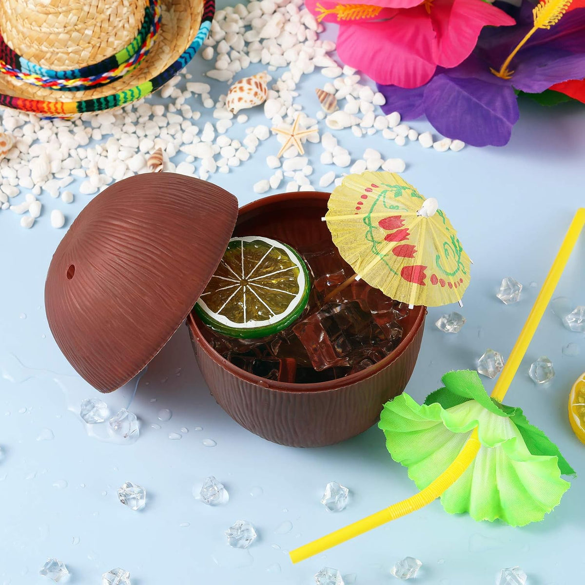 15 Pieces Coconut Cups with 15 Pieces Plastic Colorful Hibiscus Straws S5474