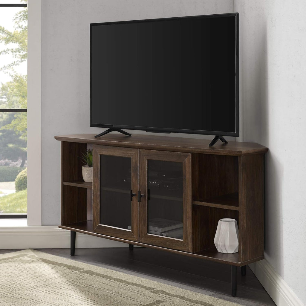 Dark Walnut 48 Inch Wood Corner TV Stand with Glass Cabinet Doors N723