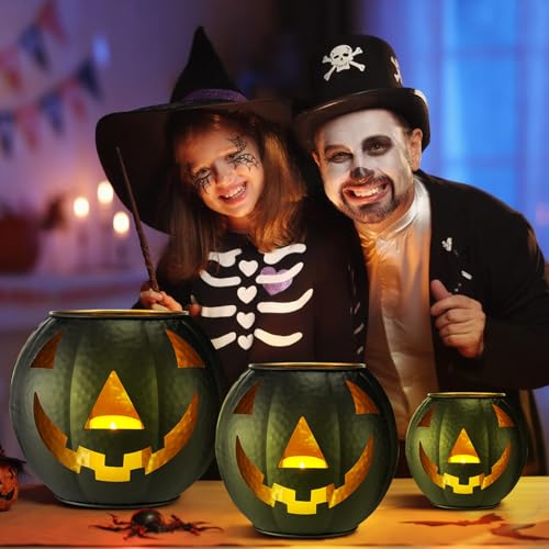 3 Pcs Metal Jack O Lanterns Pumpkin Set with LED Candles M875
