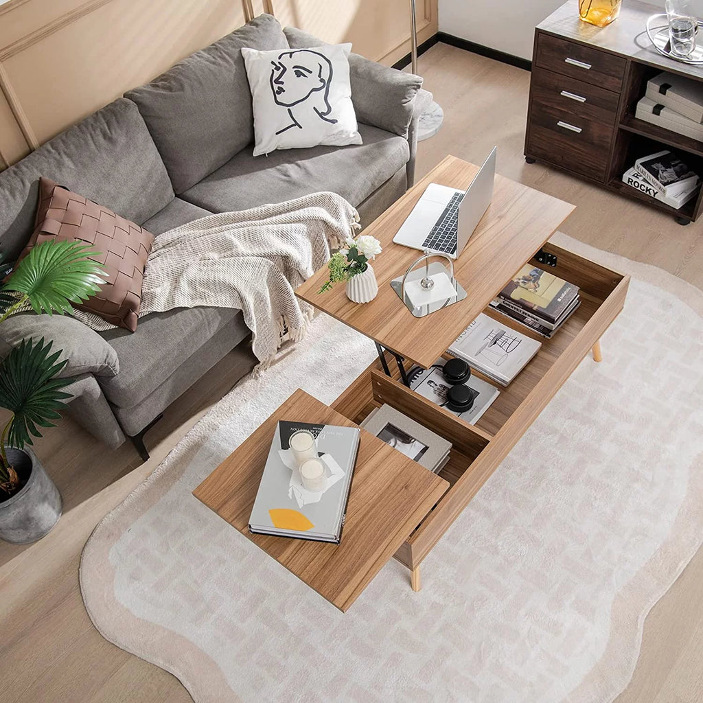 47 Inch Lift Top Coffee Table with Storage, Split Top, 2 Hidden Compartments & 5 Solid Wood Legs, Brown J22134