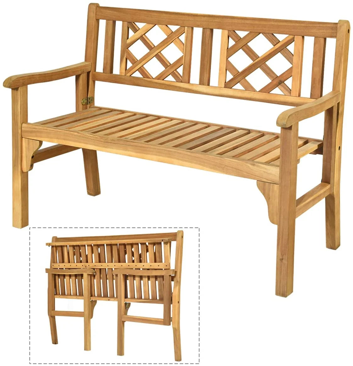 4 Ft Foldable Acacia Wood Bench with Backrest and Armrest L554