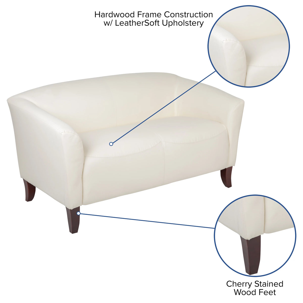 Ivory LeatherSoft Loveseat with Cherry Wood Feet K503