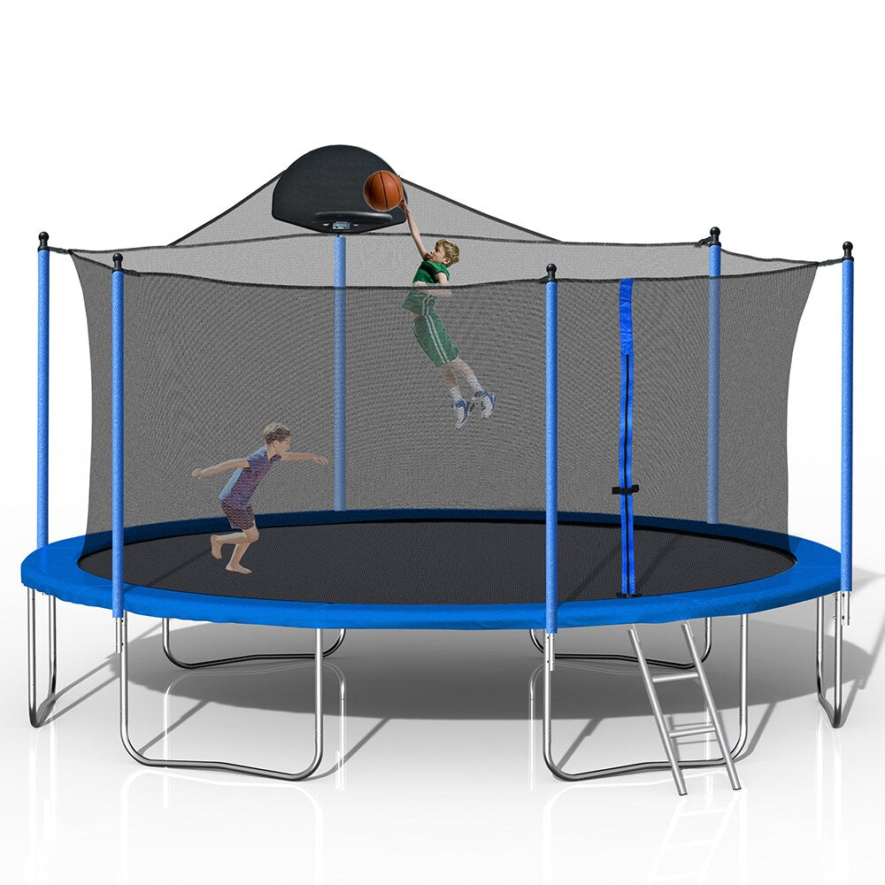 14FT Trampoline with Basketball Hoop, Safety Enclosure Net & Ladder, Blue C300
