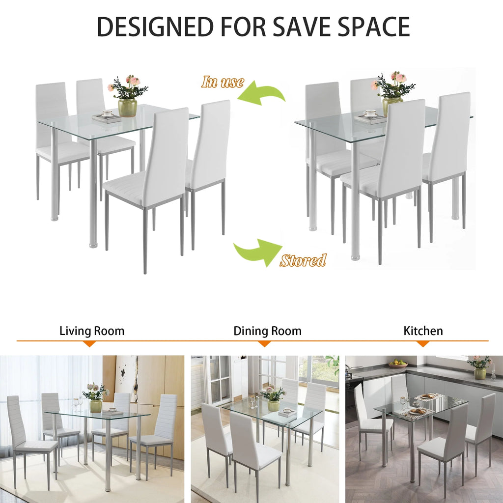 White 5 Pieces Tempered Glass Dining Table Set with 4 Chairs I401