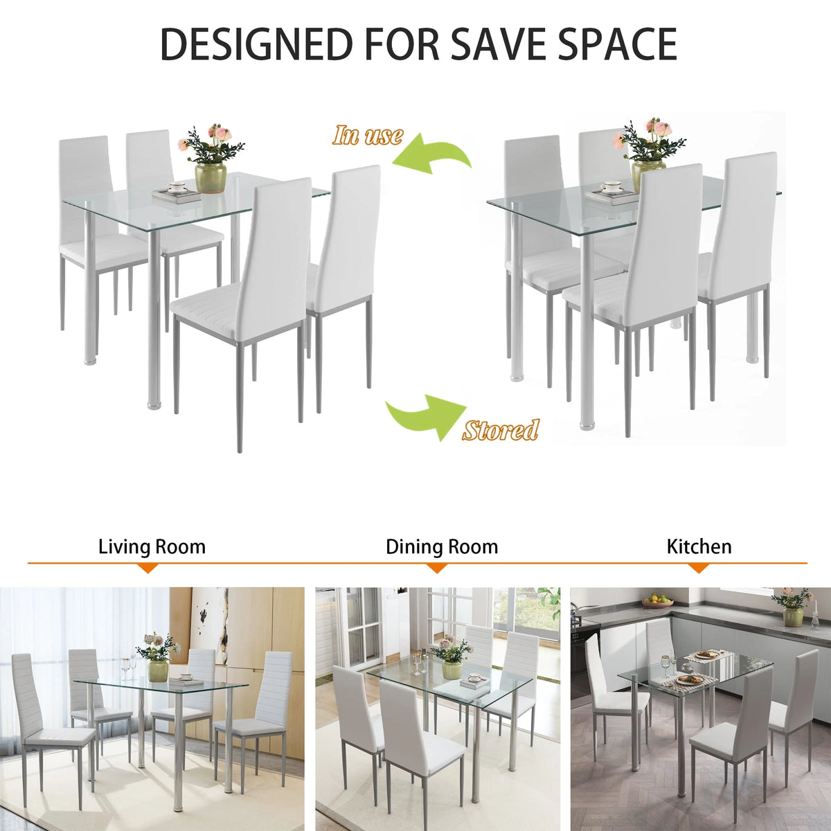 White 5 Pieces Tempered Glass Dining Table Set with 4 Chairs I401