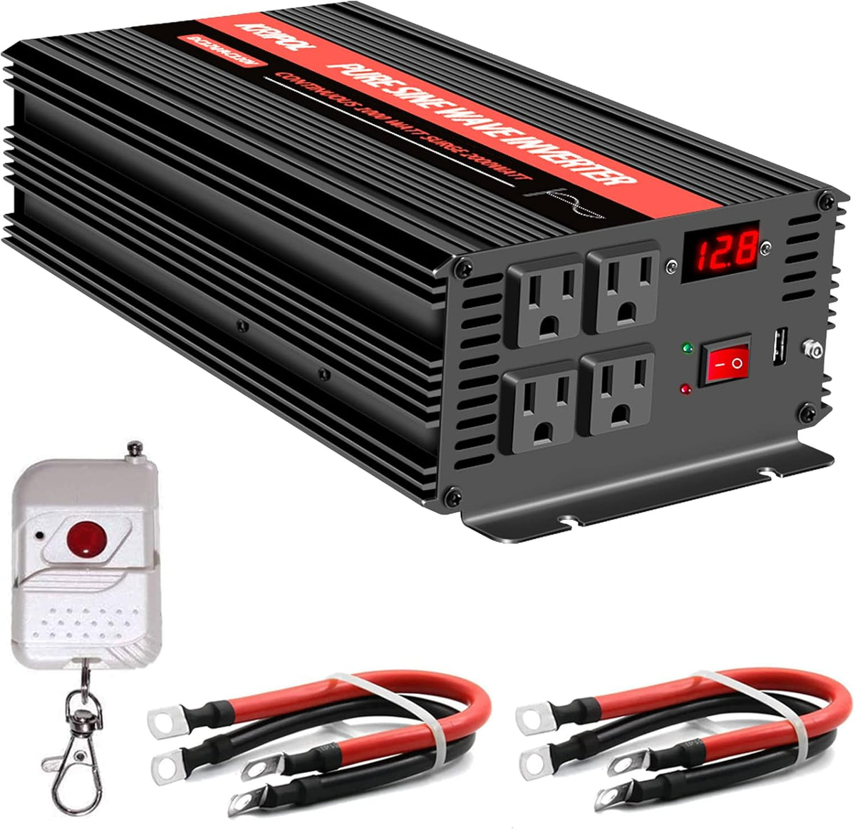 2000 Watt Pure Sine Wave Power Inverter 12V DC to 110V AC with 4 AC Outlets and USB Output Y6033