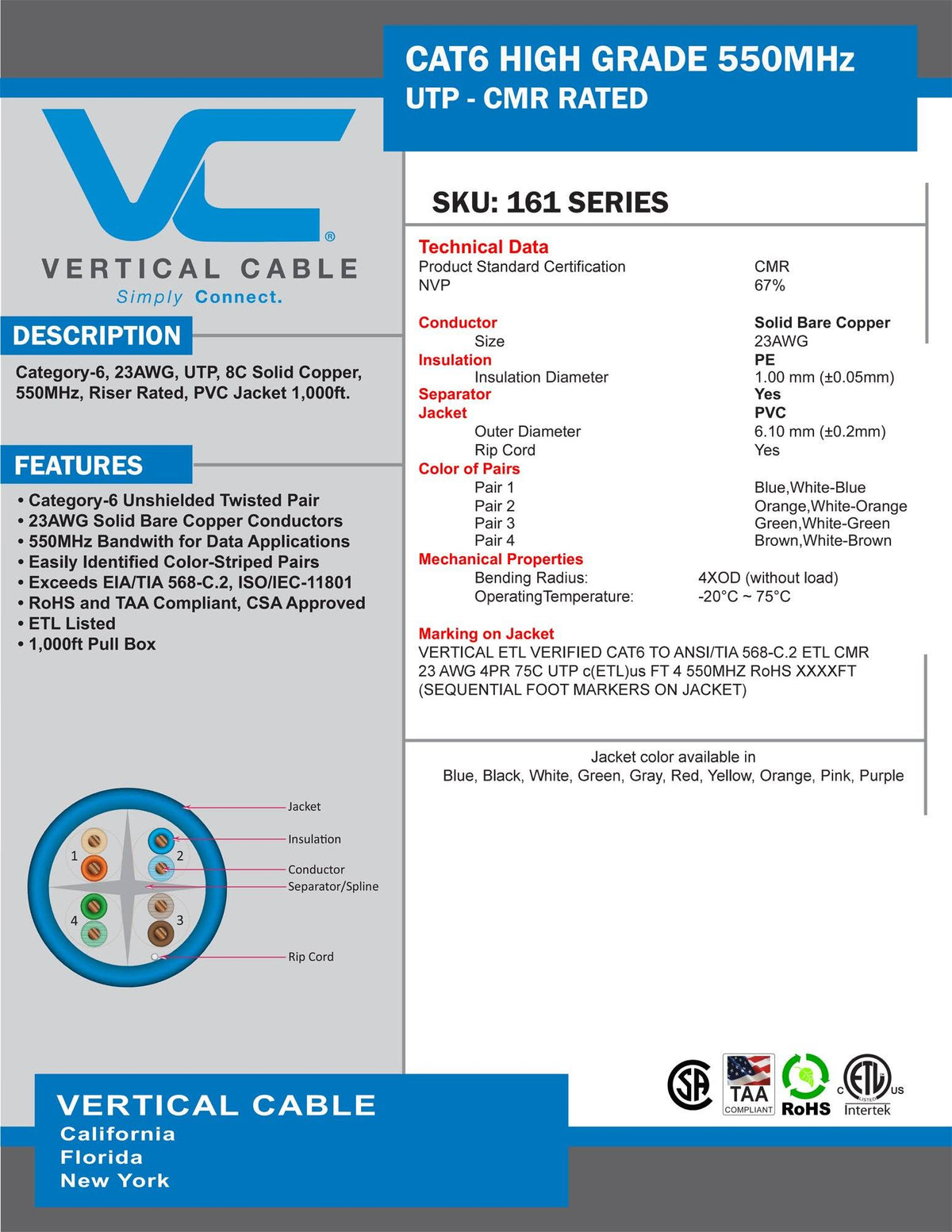Cat6 UTP 23AWG Solid Bare Copper Bulk Ethernet Cable, 1000ft Y77307