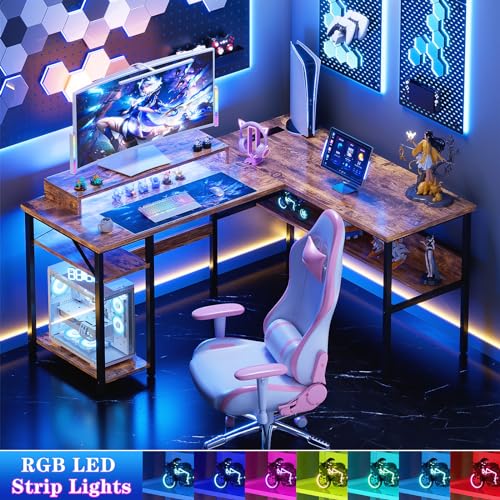 Black Reversible L Shaped Desk with Power Outlets and LED Light G6502