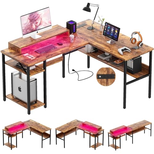 Black Reversible L Shaped Desk with Power Outlets and LED Light G6502