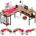Black Reversible L Shaped Desk with Power Outlets and LED Light G6502