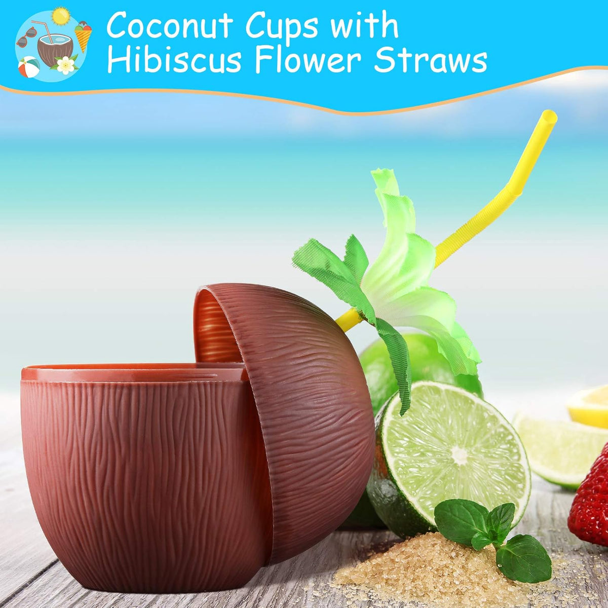 15 Pieces Coconut Cups with 15 Pieces Plastic Colorful Hibiscus Straws S5474