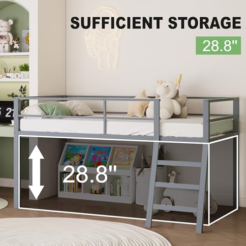 Grey Twin Loft Bed with Ladder and Guardrail G2887