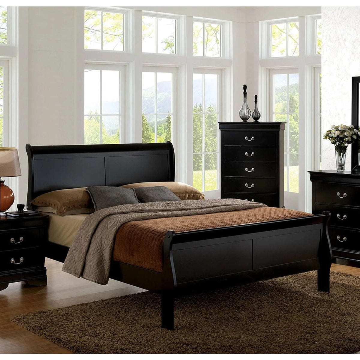 Black Queen Size Solidwood Sleigh Bed P42081