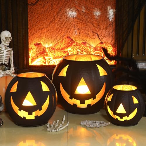 3 Pcs Metal Jack O Lanterns Pumpkin Set with LED Candles M875