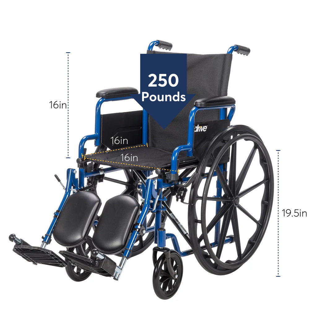Blue Streak Wheelchair with Flip Back Desk Arms, Elevating Leg Rests, 16" Seat I324