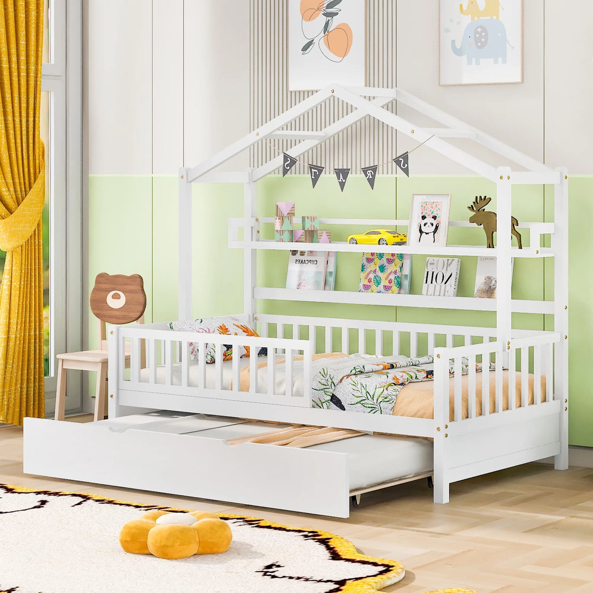 Gray Wood Twin House Bed with Trundle E26958
