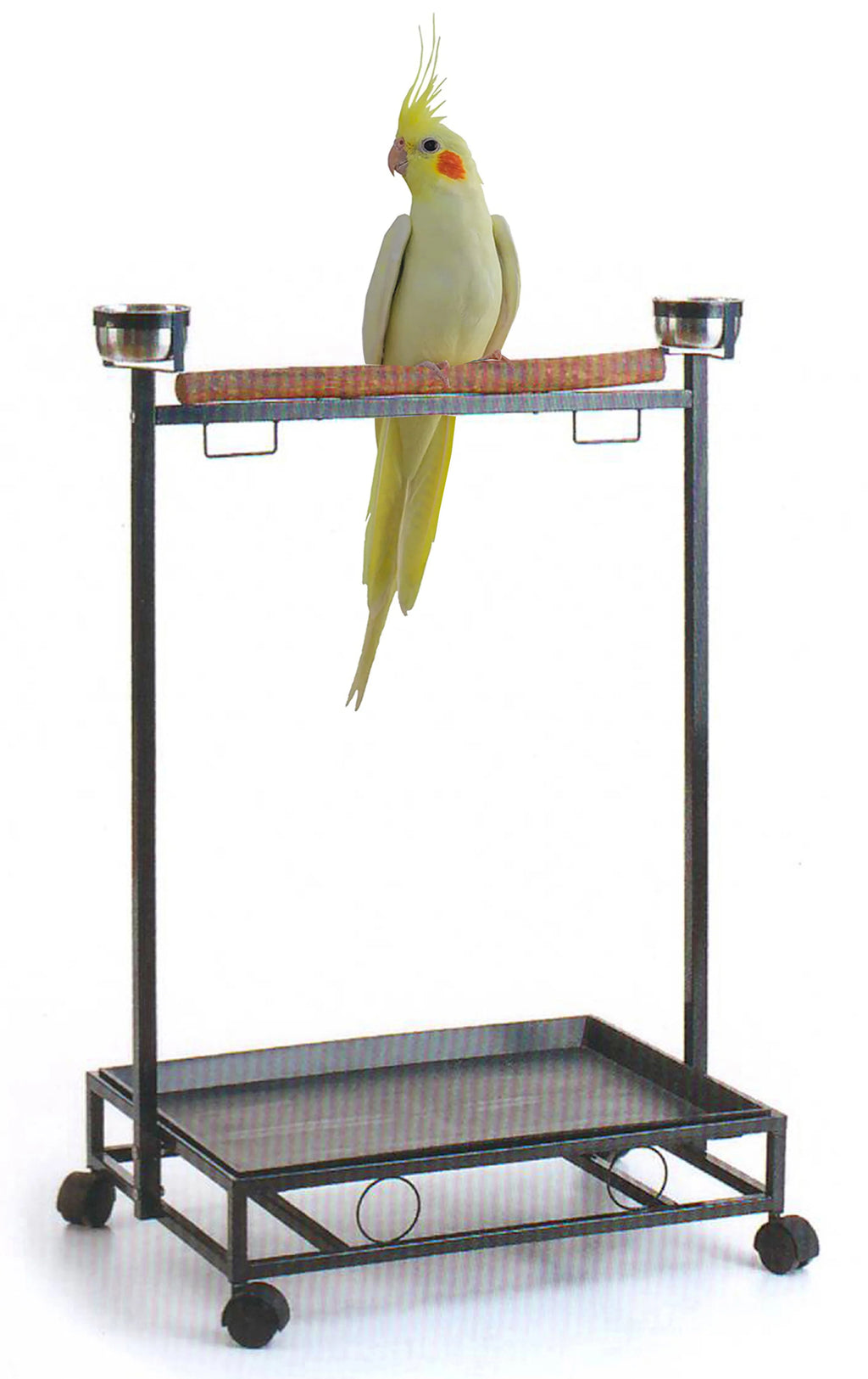 Large Natural Wood Parrot Play Stand with Stainless Steel Bowls A32378