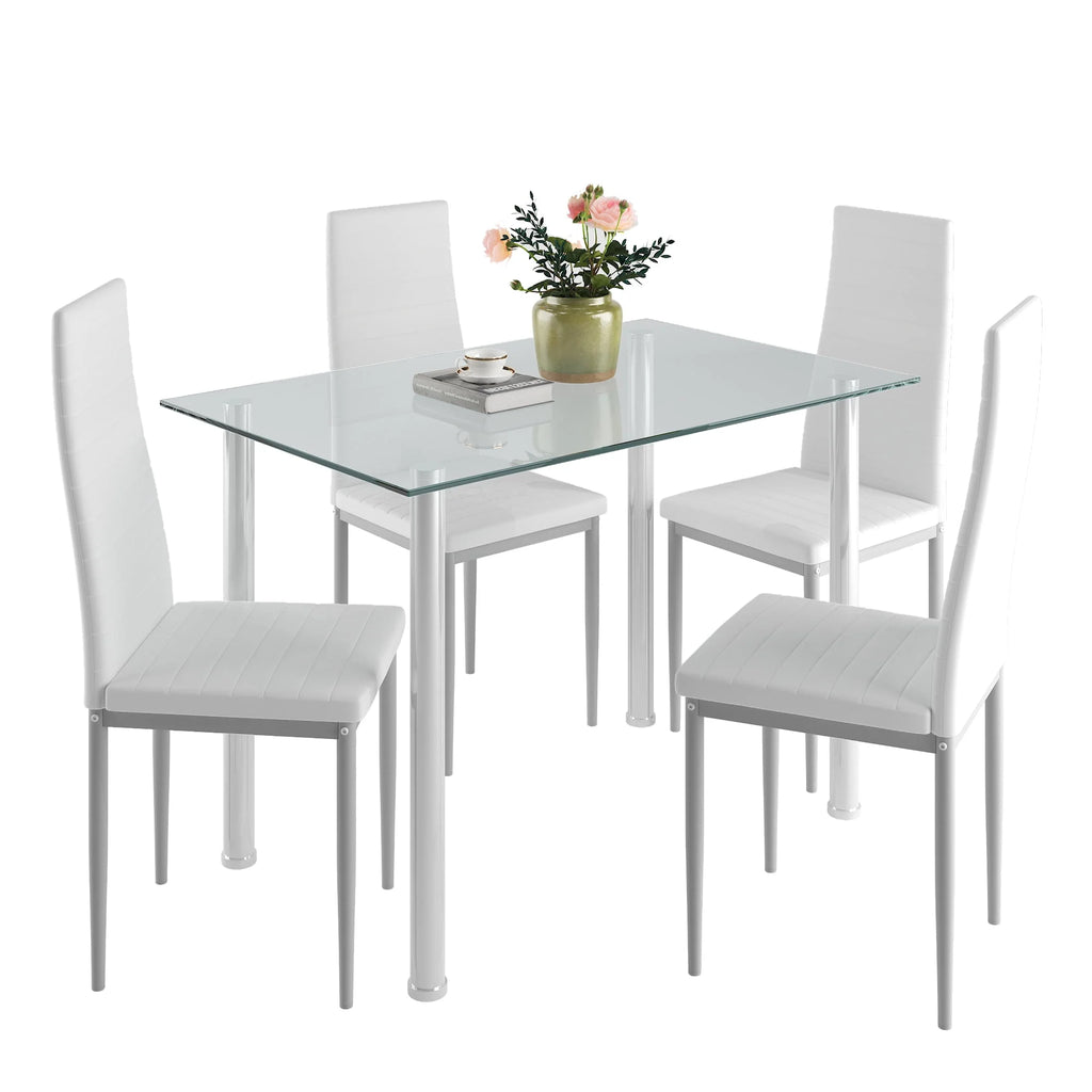 White 5 Pieces Tempered Glass Dining Table Set with 4 Chairs I401