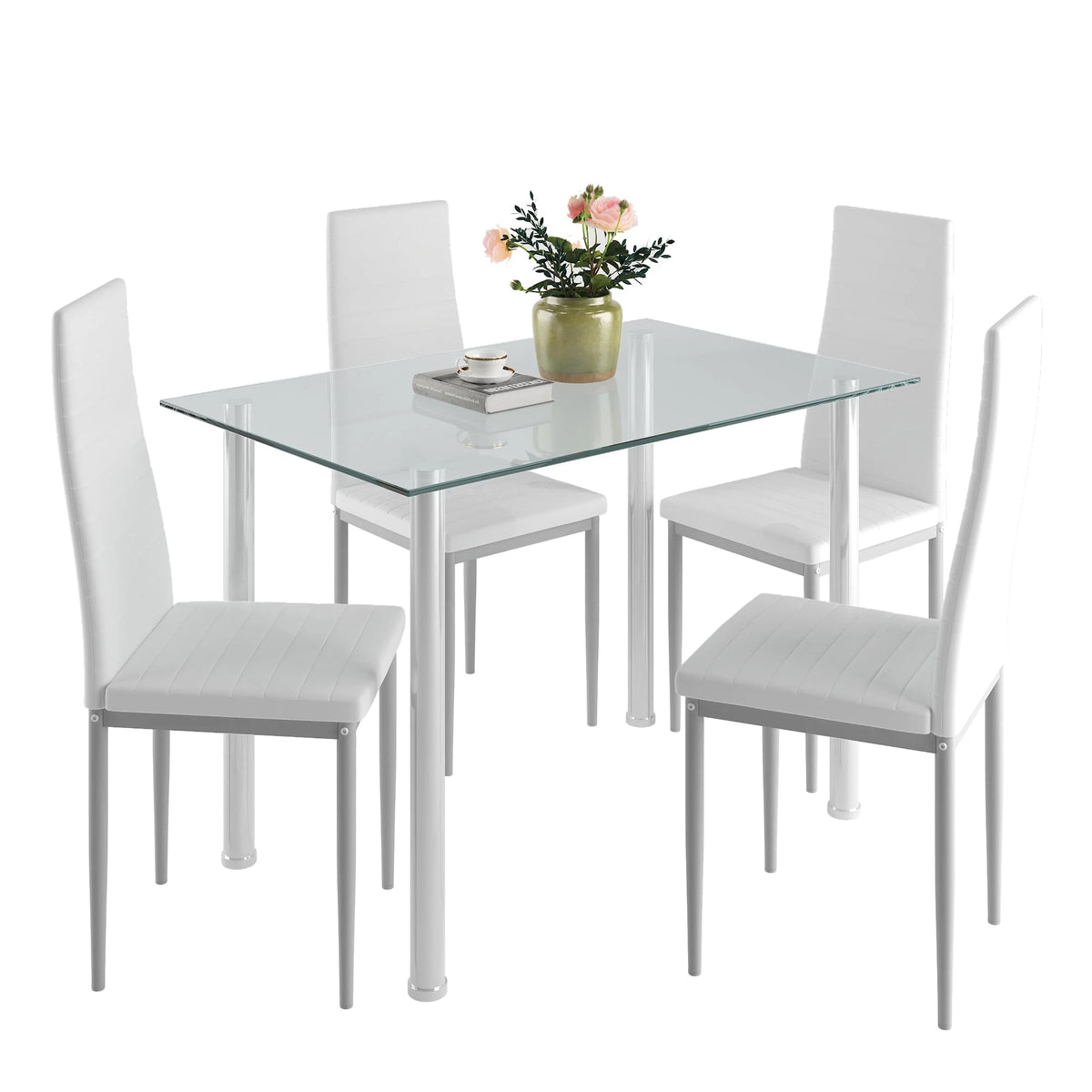 White 5 Pieces Tempered Glass Dining Table Set with 4 Chairs I401