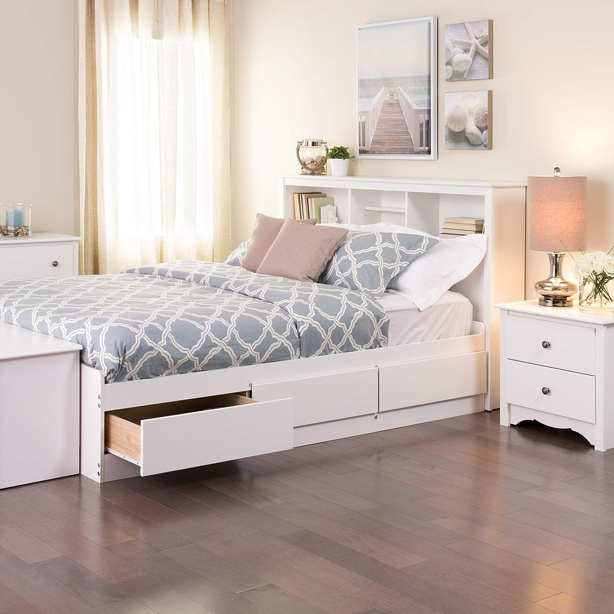 White Full Platform Storage Bed with 6 Drawers and Headboard with 3 Compartments N5268