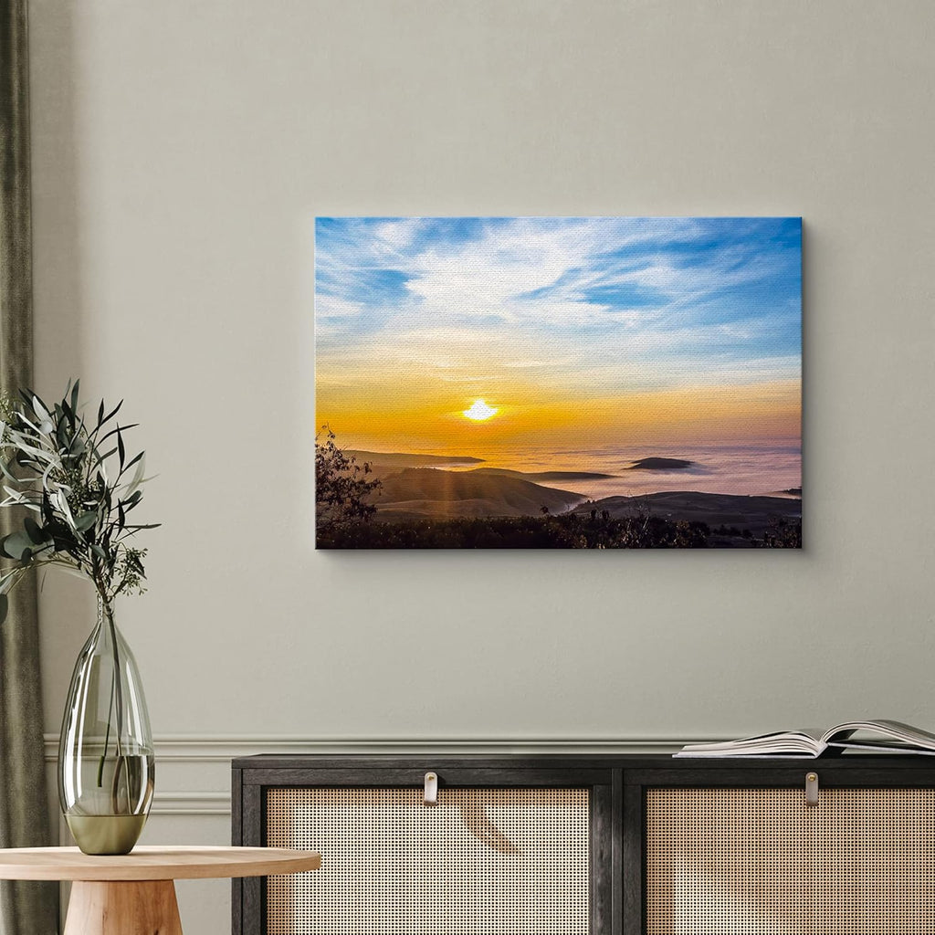 Canvas Print Wall Art Neon Setting Sun Above The Hills Nature Wilderness Photography Realism Rustic Landscape Dramatic Multicolor - 24x36 H805575
