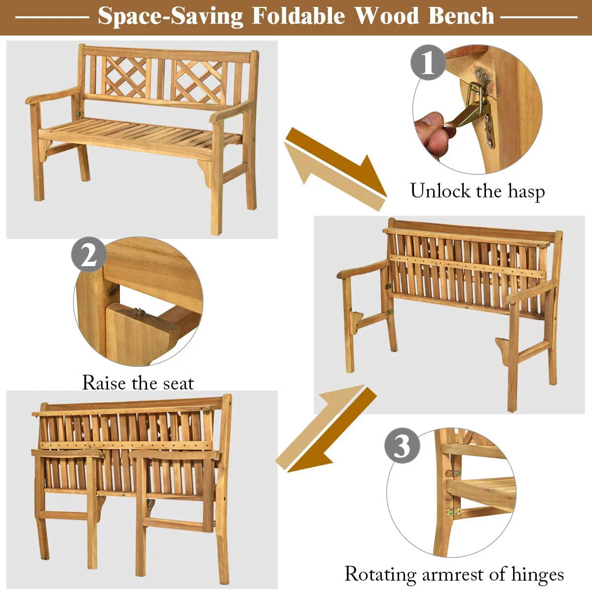4 Ft Foldable Acacia Wood Bench with Backrest and Armrest L554