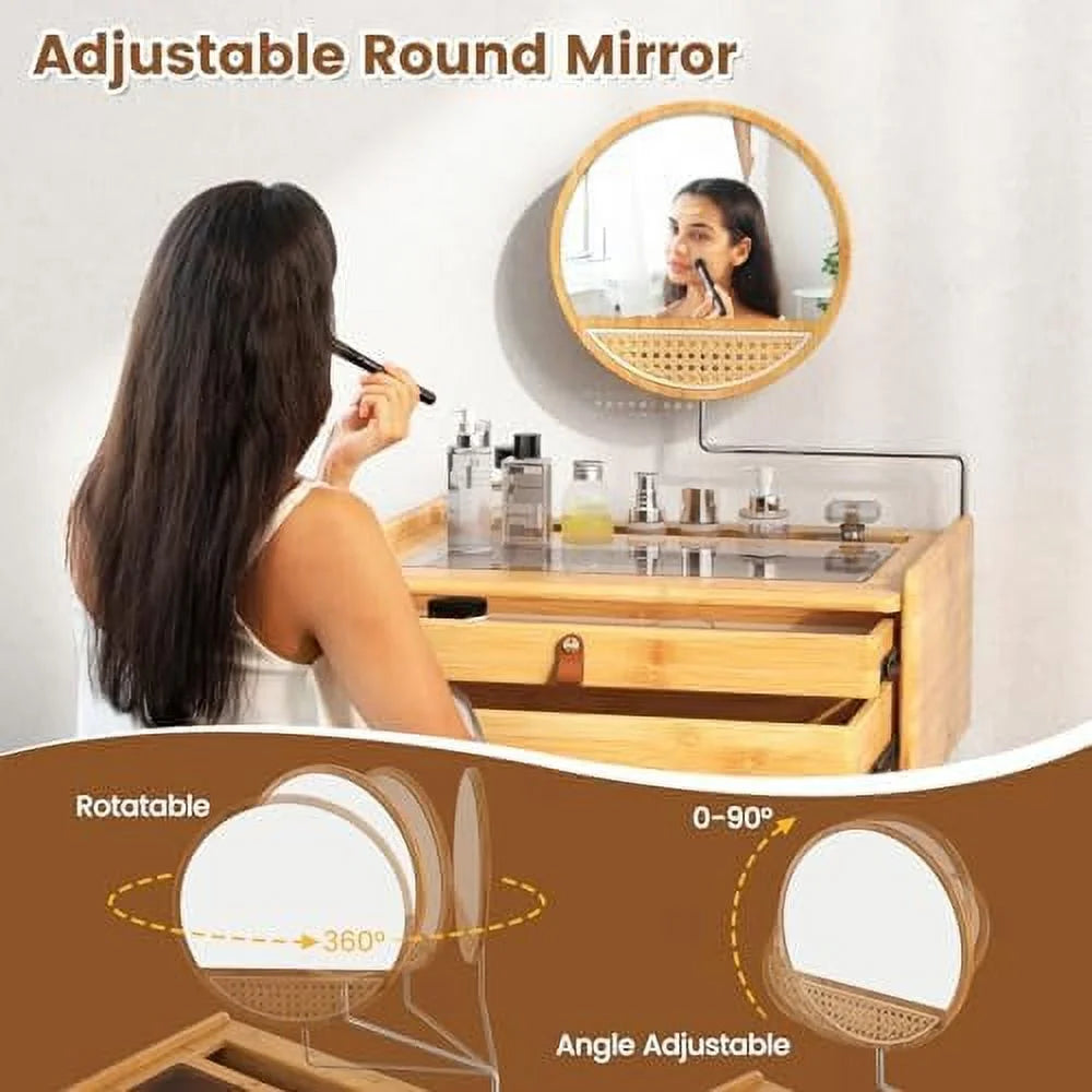 Vanity Desk with Rotating Mirror 2 Drawers Tempered Glass Tabletop D356