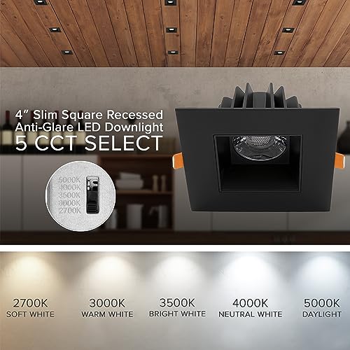 4 in. Ultra-Thin Recessed LED Downlight Canless IC Rated 1200 Lumens 5 Color Temperature Selectable Dimmable Square White Trim 90 CRI Z493689
