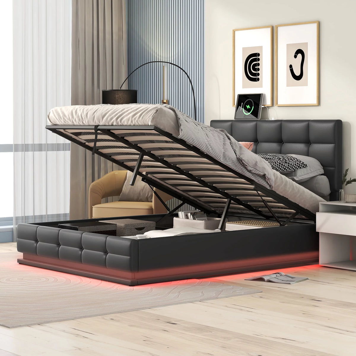 Black Full Size Upholstered Bed Frame with Lift Up Storage D380117