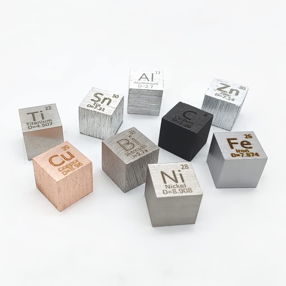 9 PCS 10mm Density Cubes Pure Metal Cubes Titanium Bismuth Carbon Nickel Iron Copper Zinc Aluminium Tin N39478