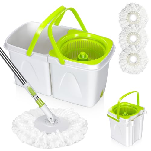 Pedal Spin Mop and Bucket with Wringer Set, 3 Mop Pads F388935