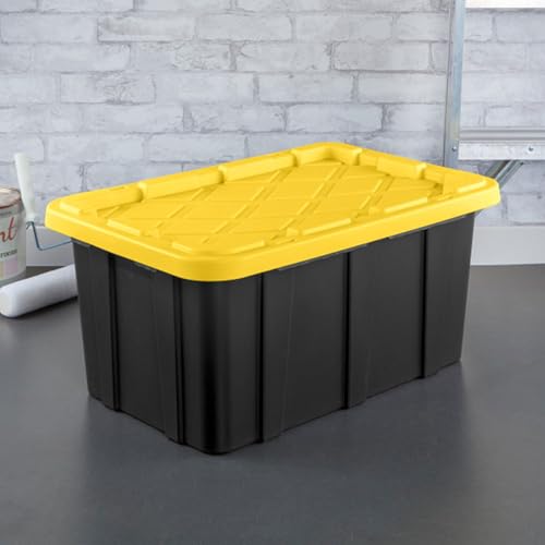 38 Gallon Black/Yellow Stackable Storage Tote with Lid, 8 Pack K913256
