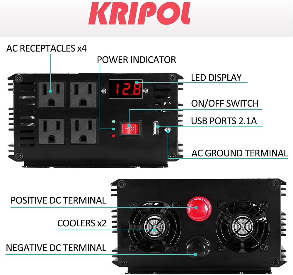 2000 Watt Pure Sine Wave Power Inverter 12V DC to 110V AC with 4 AC Outlets and USB Output Y6033